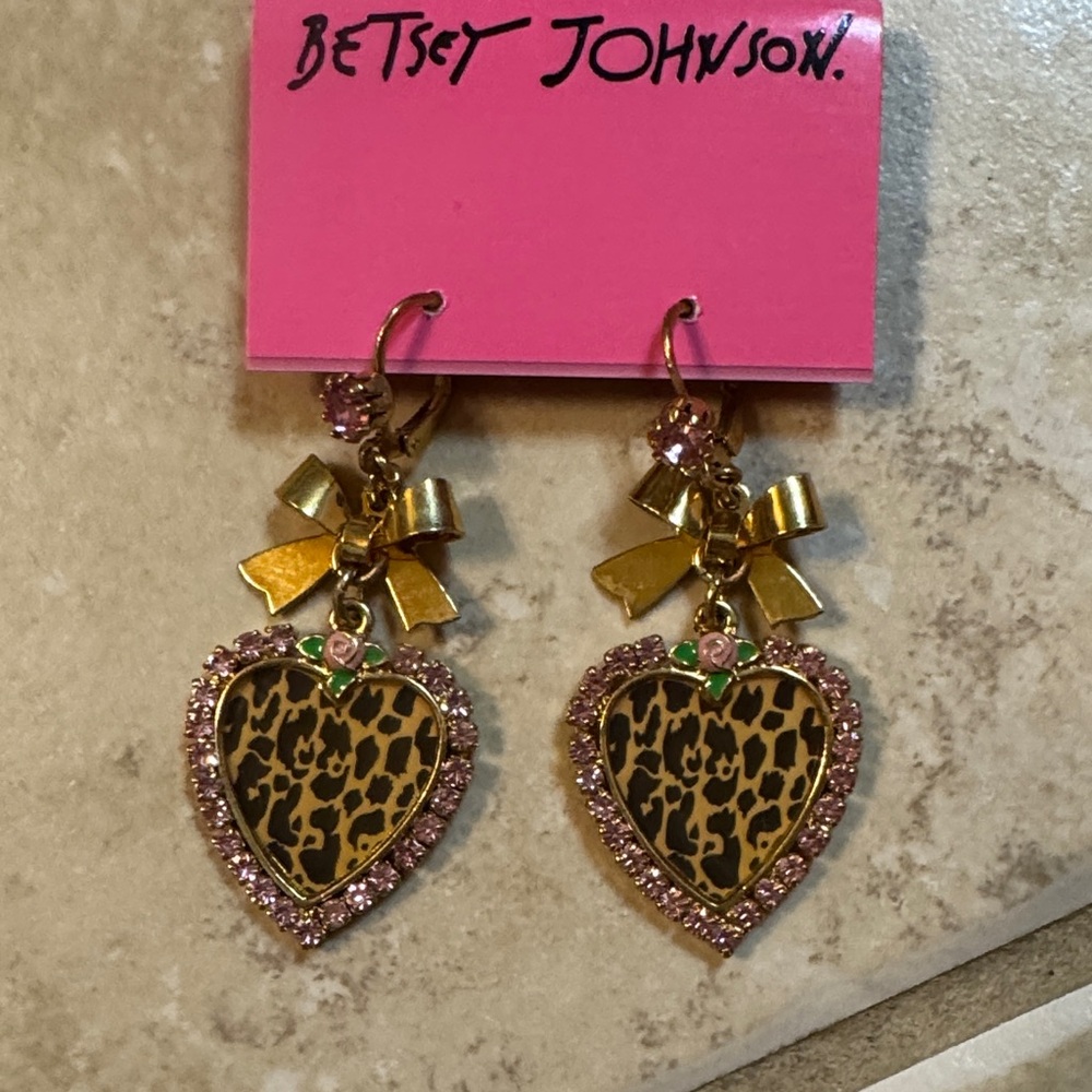 Betsey Johnson Leopard Heart Earrings with Pink and Gold Accents
